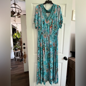 Colleen Lopez Turquoise‎ Floral V-Neck Maxi Dress Size Large